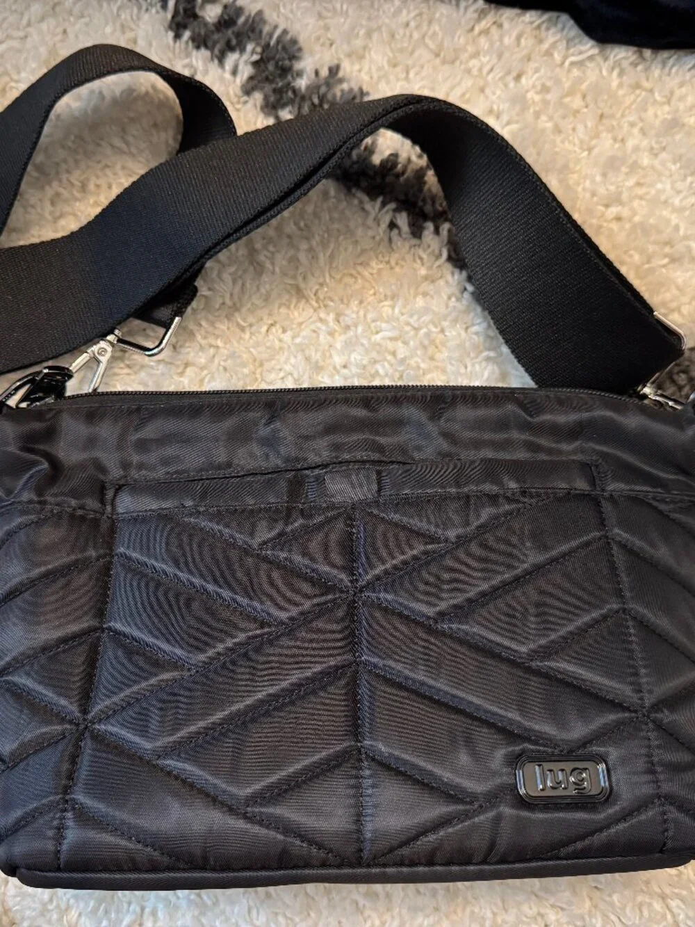Lug Flare Crossbody Black Quilt Wide Strap Purse Bag Travel Resort Chic